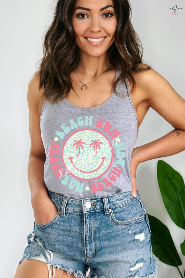 Beach Bum Smiley Face Glitter Tank Top