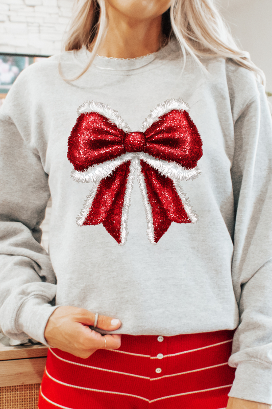 Christmas Bow Faux Chenille Graphic Sweatshirt