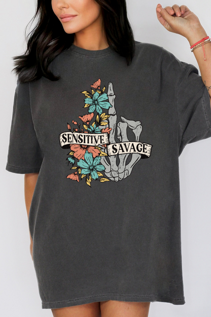 Sensitive Savage Floral Skeleton Graphic Tee