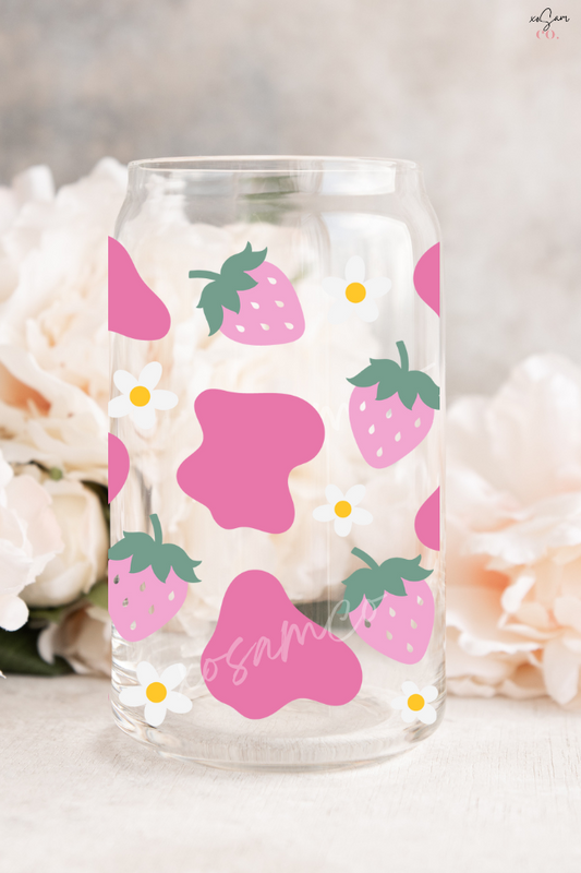 Strawberry Pink Cow Glass Can