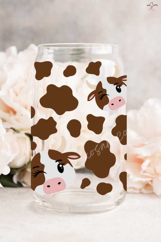 Brown Cow Print Glass Can