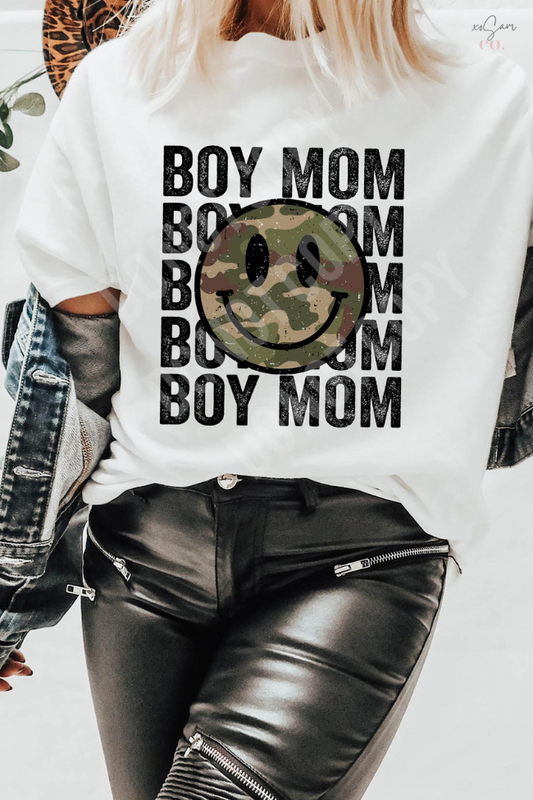 Boy Mom Camo Smiley Face Graphic Tee