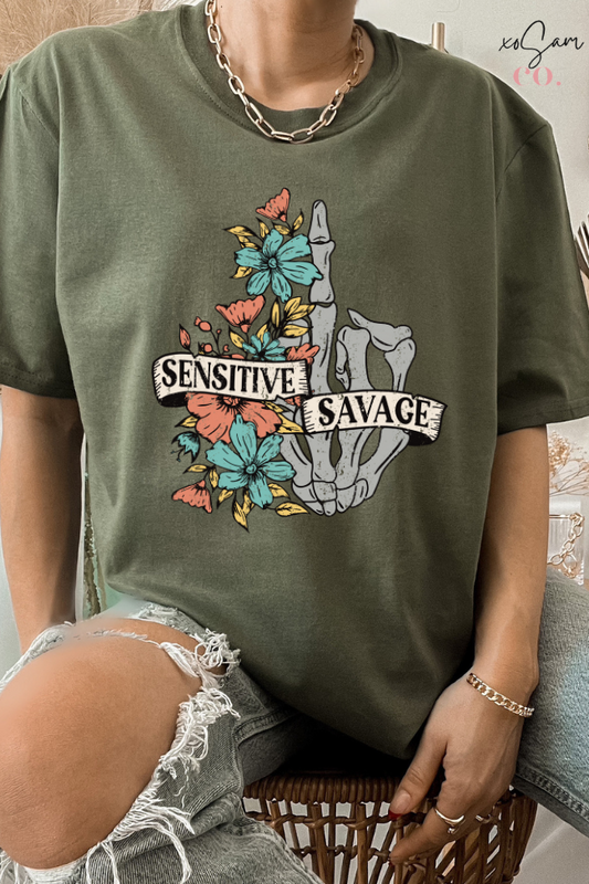 Sensitive Savage Floral Skeleton Graphic Tee